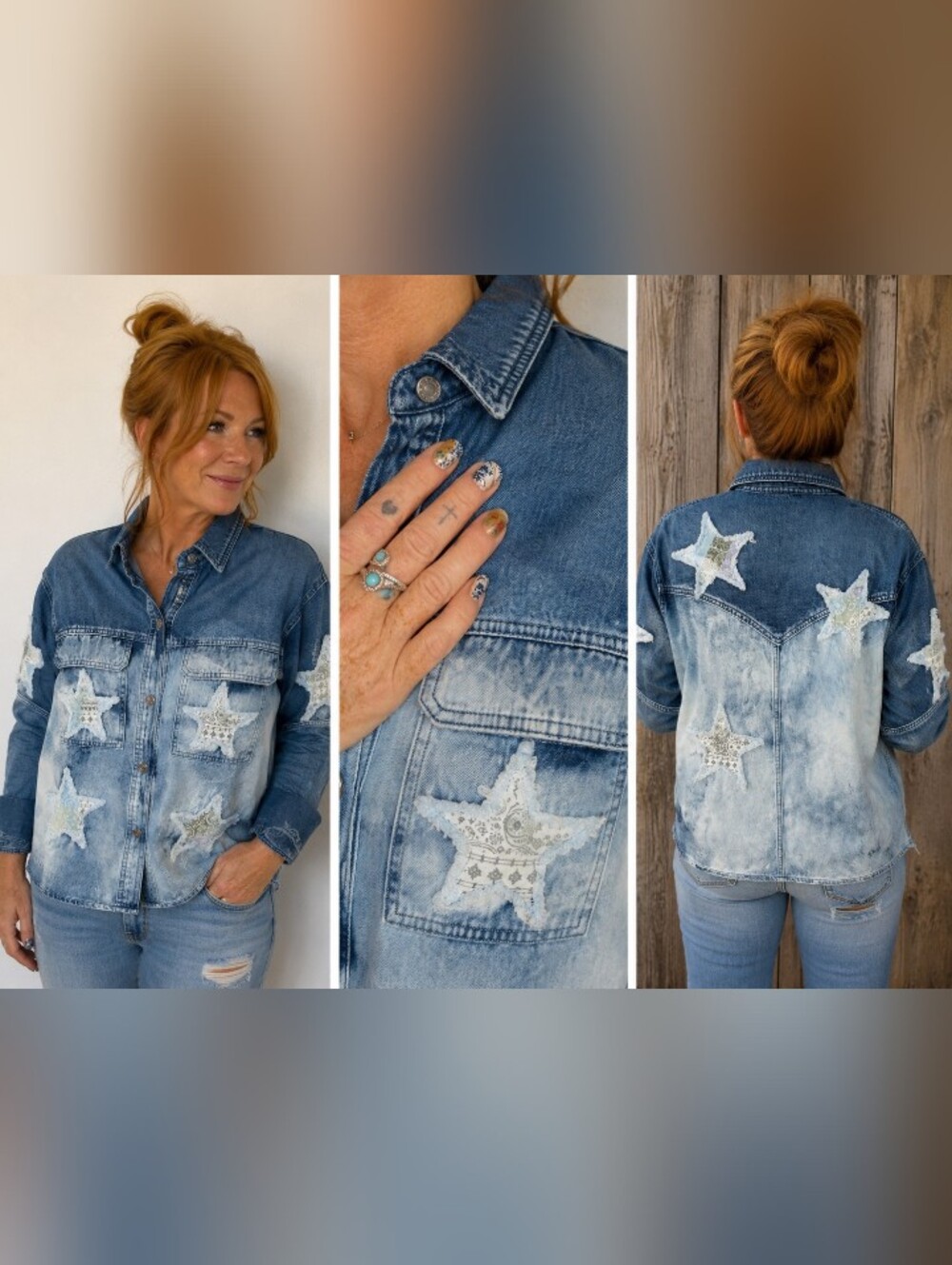 SHEIN Blue Star Appliqué Distressed Denim Jacket